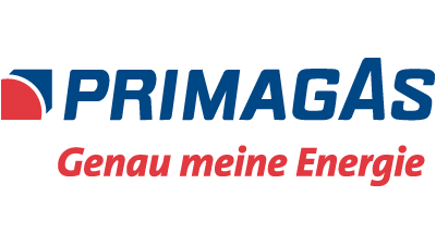 Logo von Primagas mit dem Slogan 'Genau meine Energie' in blauer und roter Schrift.