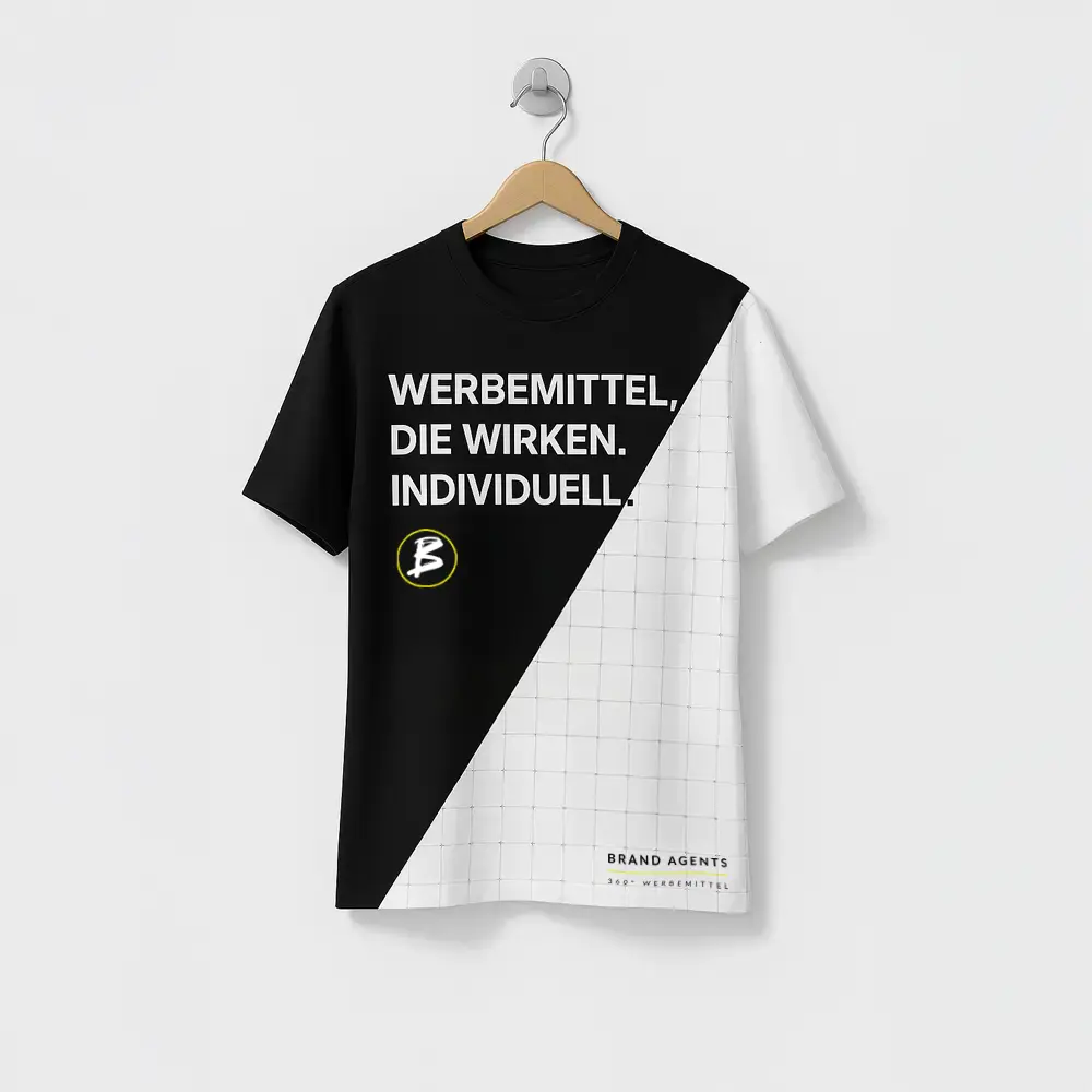 Schwarz-weißes T-Shirt mit dem Text 'WERBEMITTEL, DIE WIRKEN. INDIVIDUELL.' und einem Logo.