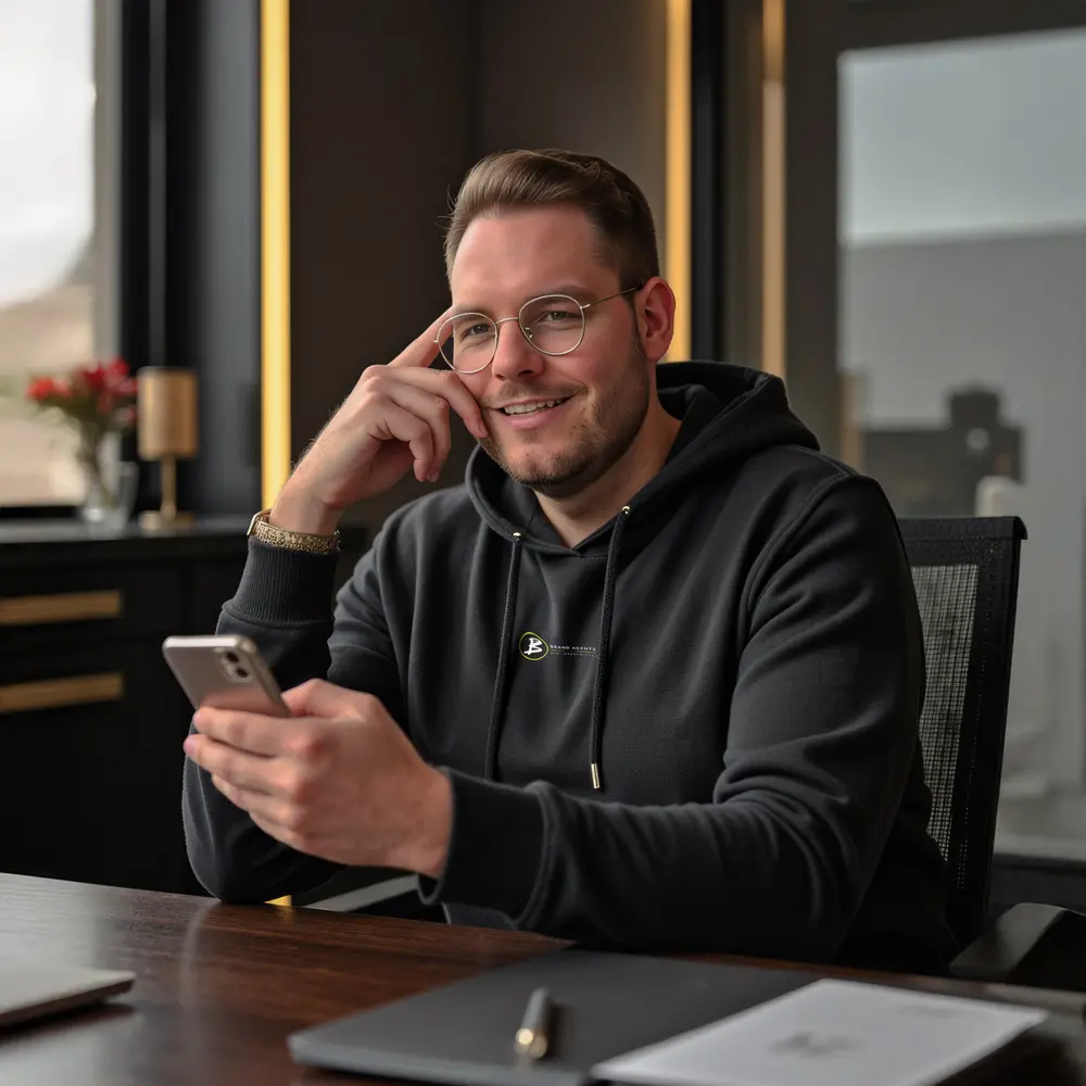 Mann mit Brille und schwarzem Hoodie, der in einem modernen Büro auf sein Smartphone schaut.