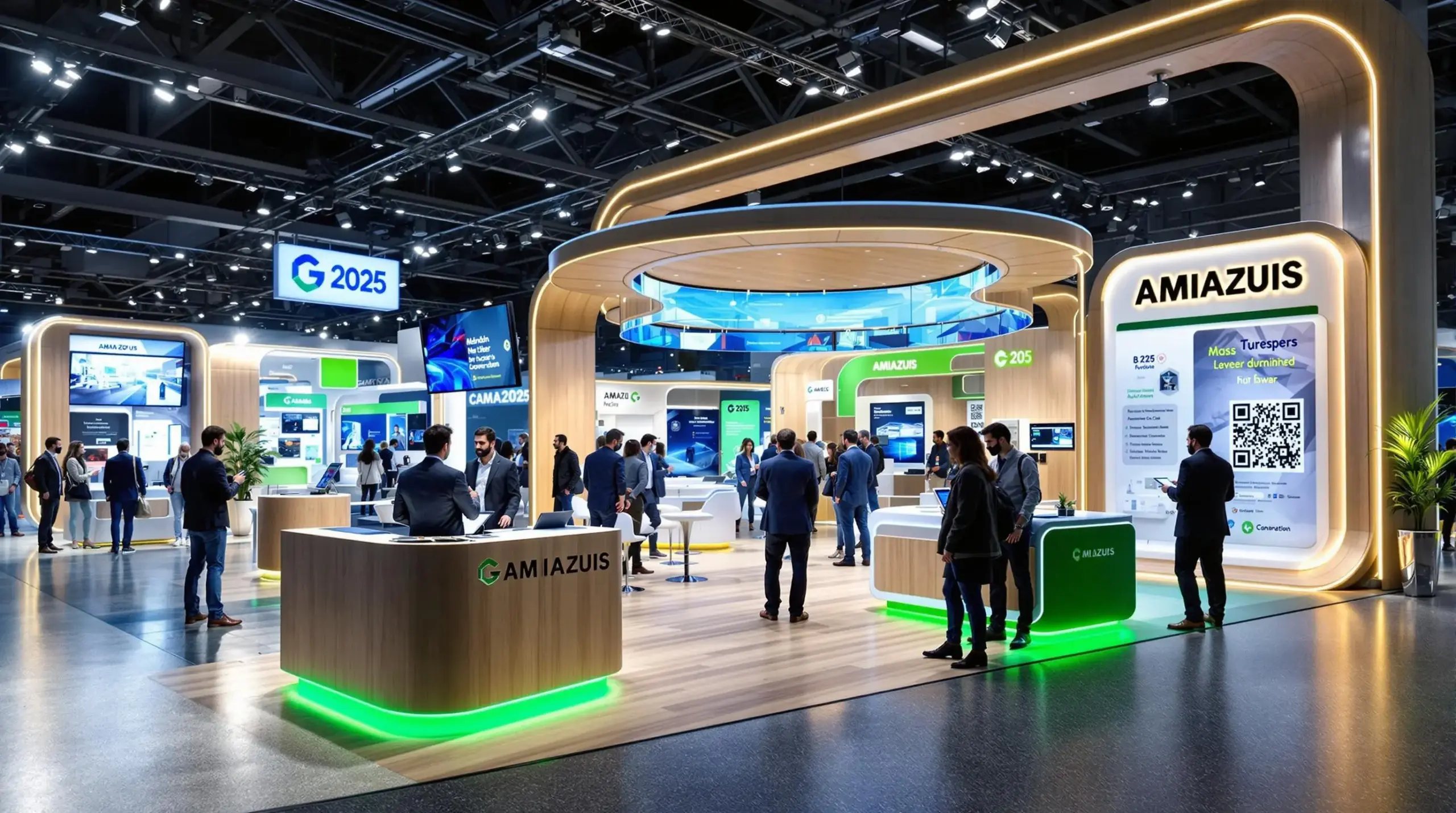 Messestand von Amiazuis mit modernen Displays und einer zentralen Lichtinstallation auf einer Messe.