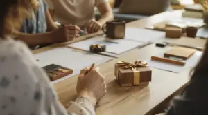 Ein dekoriertes Geschenk in einer Holzbox mit goldener Schleife auf einem Tisch mit Schreibmaterialien.