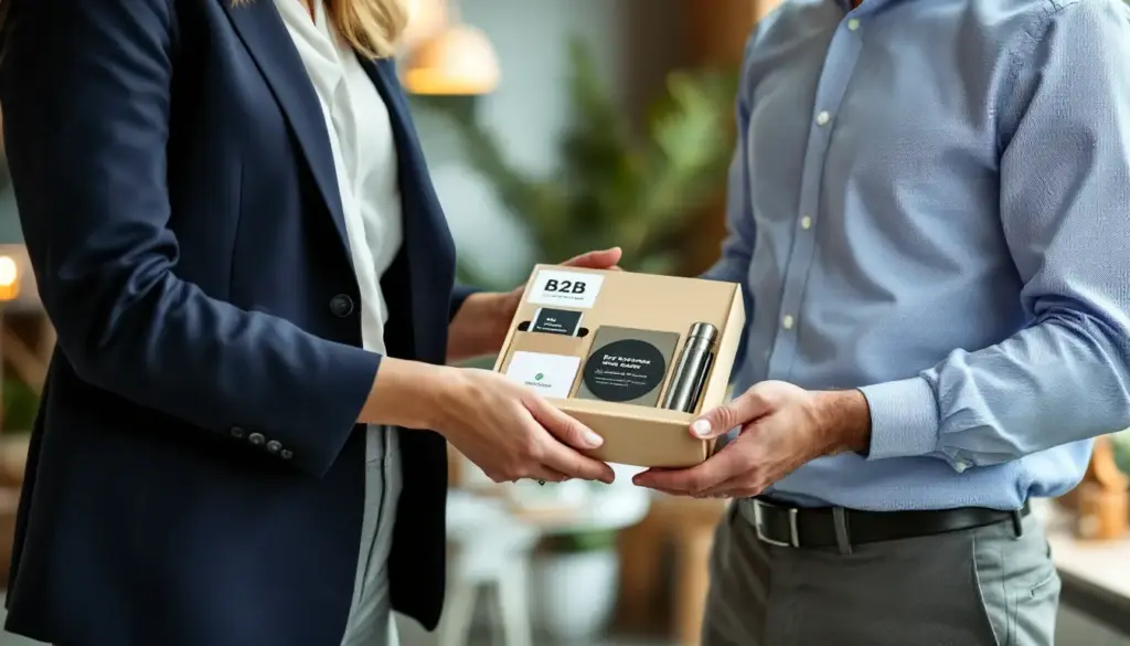Zwei Personen übergeben ein Geschenkset mit verschiedenen Büroartikeln in einer neutralen Umgebung.
