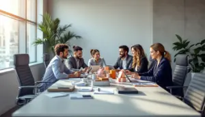 Gruppe von sechs Personen, die an einem Tisch in einem Konferenzraum zusammenarbeitet.