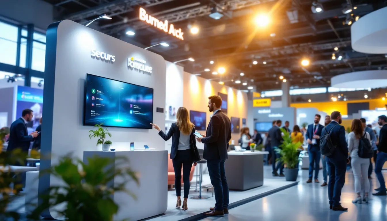 Messestand mit einem großen Bildschirm, auf dem Präsentationen gezeigt werden, und mehreren Besuchern im Hintergrund.