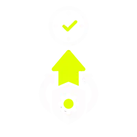 Ein grünes Häkchen, das in einem Kreis mit einem Pfeil nach oben und einem Punkt darunter dargestellt ist.