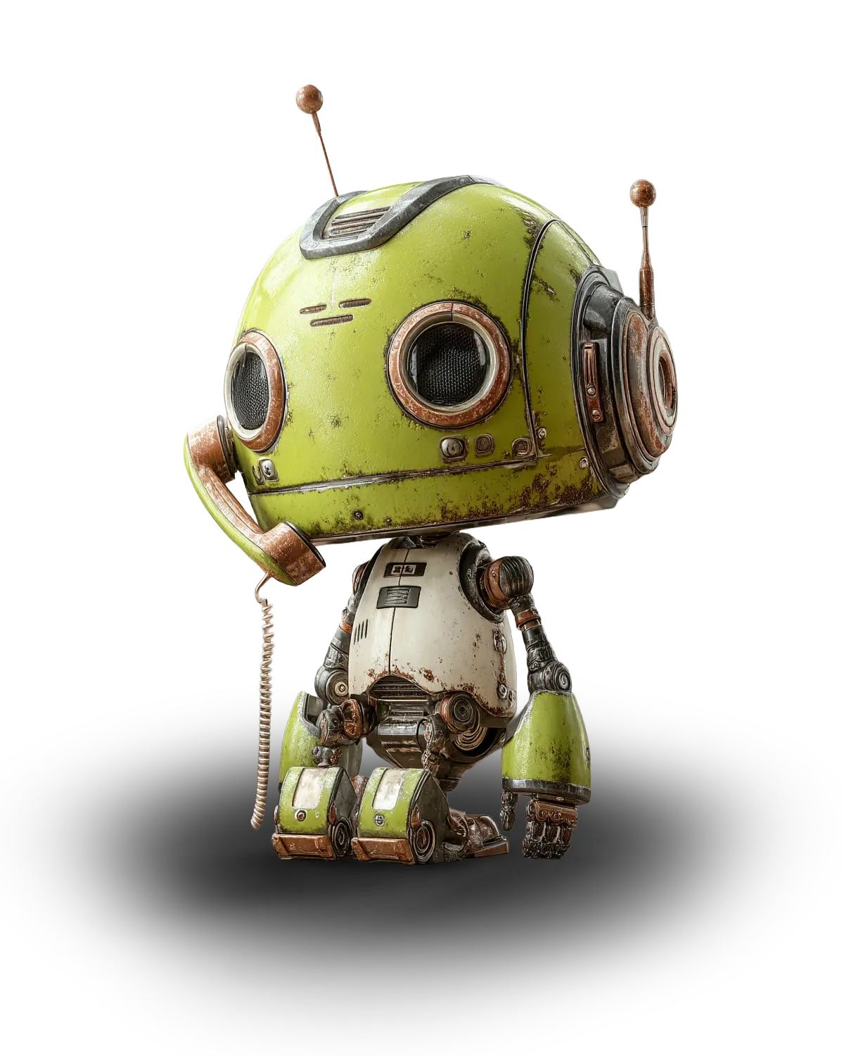 Ein Roboter mit einer grünen und weißen Farbgebung, der aufrecht steht und mechanische Details aufweist.