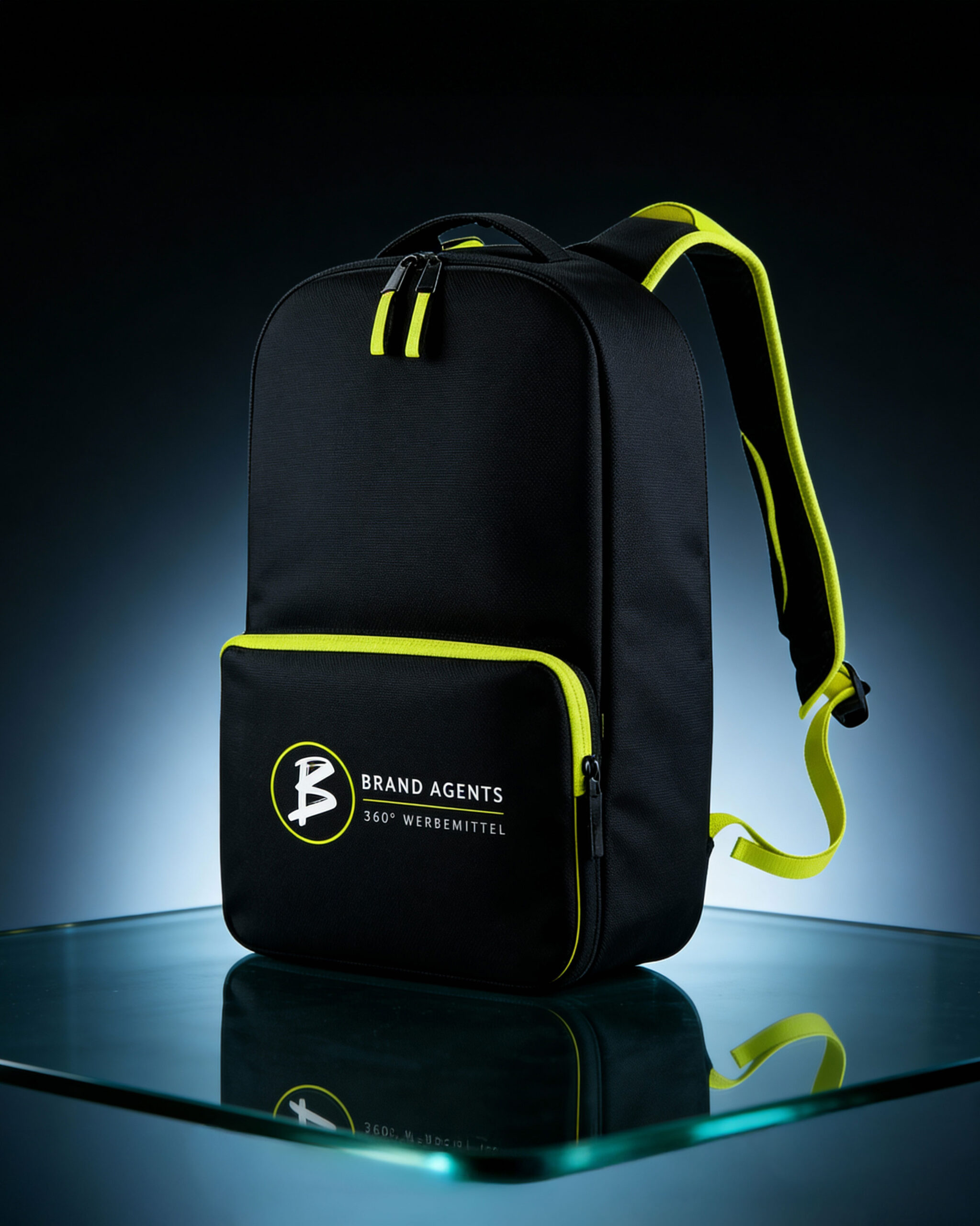 Schwarzer Rucksack mit gelben Reißverschlüssen und dem Logo von Brand Agents auf der Vorderseite.