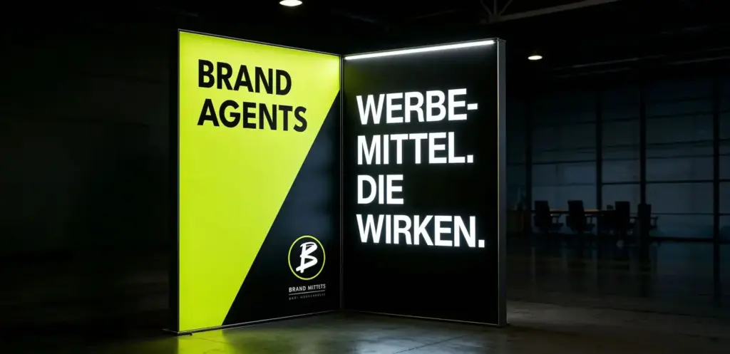 Ein Werbeplakat von Brand Agents mit gelbem und schwarzem Design, das den Text 'WERBEMITTEL. DIE WIRKEN.' zeigt.