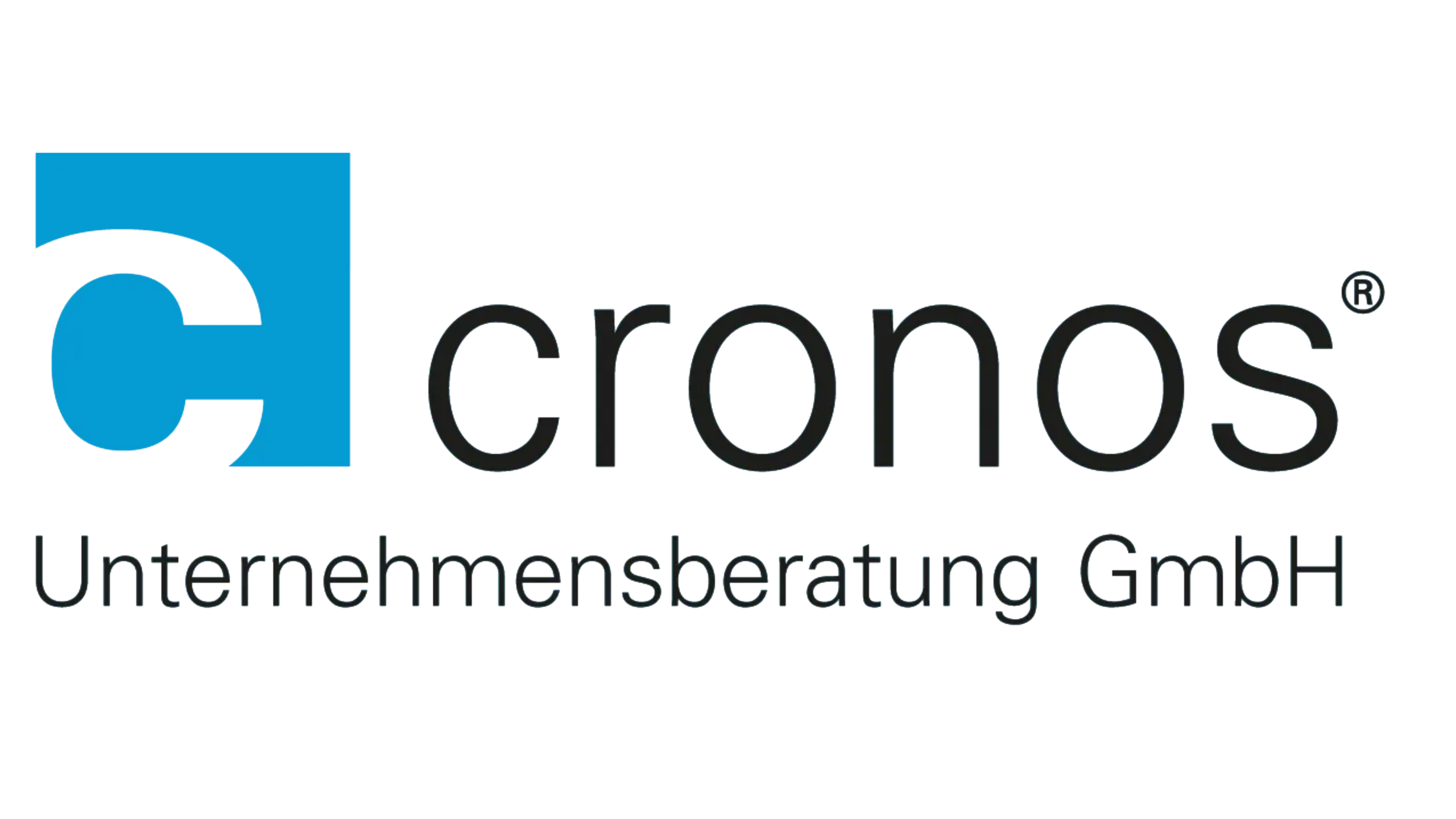 Cronos Unternehmensberatung Logo in Blau mit großem stilisierten Buchstaben C links und dem Wort cronos rechts, schwarzer Hintergrund, klare Typografie