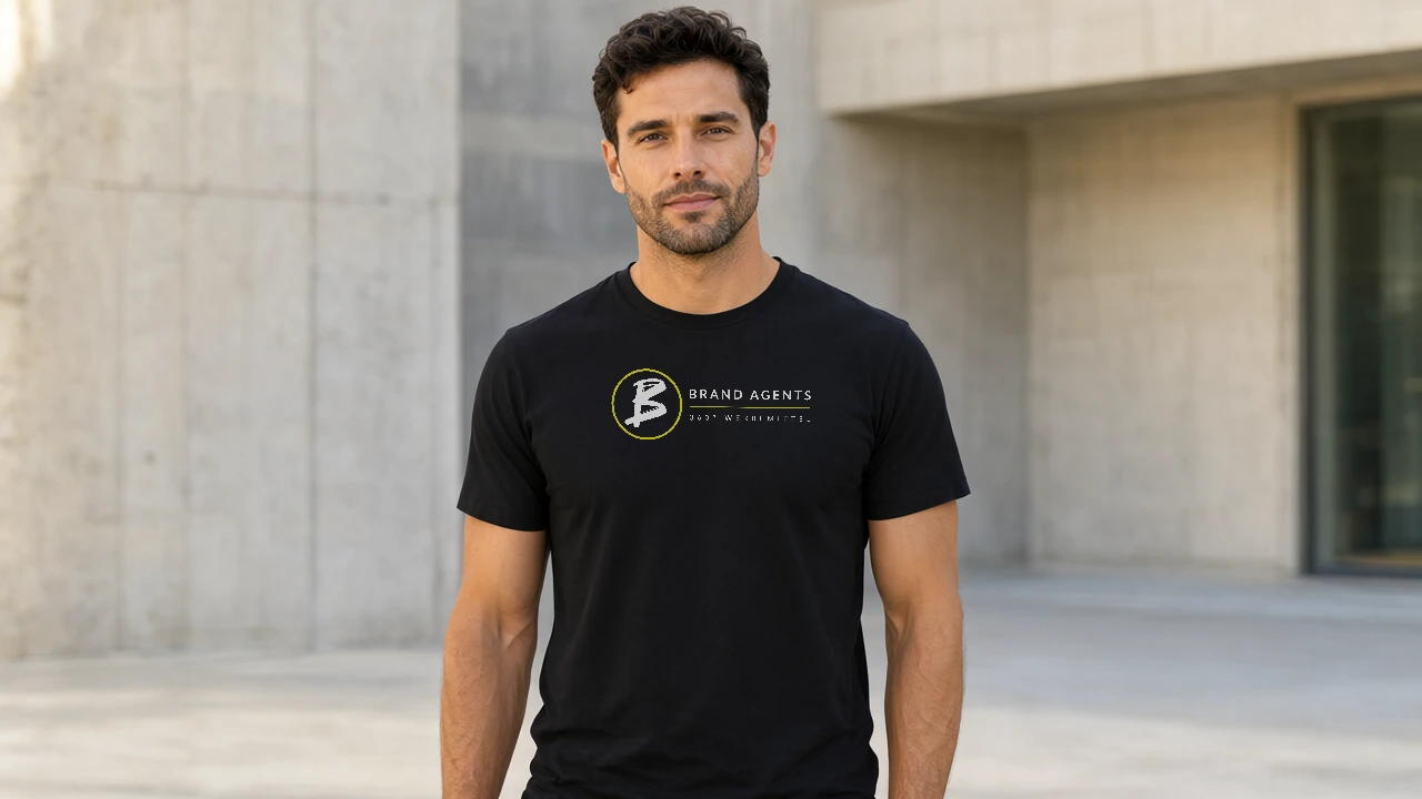 Mann in einem schwarzen T-Shirt mit dem originalen Brand-Agents-Logo vor moderner Betonarchitektur. Illustrative KI-Inszenierung.