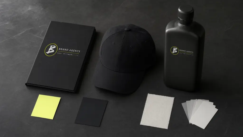 Auf einer dunkelgrauen, geäderten Oberfläche liegen ein schwarzes Notizbuch, eine schwarze Baseballkappe und eine mattschwarze Flasche mit Schraubverschluss. Notizbuch und Flasche tragen weiße Brand-Agents-Logos mit gelbgrüner Kreislinie. Davor liegen ein gelbgrünes und ein schwarzes rechteckiges Muster, ein helles Gewebestück sowie fächerförmig angeordnete helle Karten.
