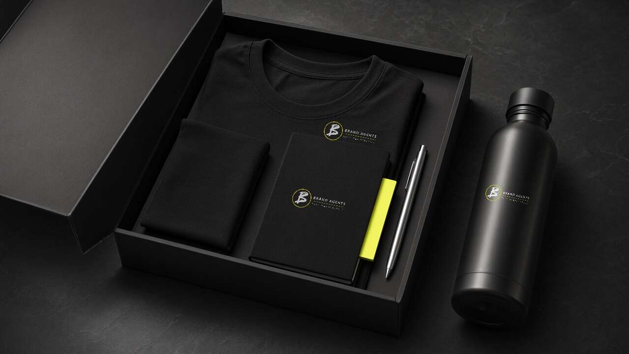 Schwarzes Willkommenspaket mit Oberteil, Notizbuch und Trinkflasche mit Brand-Agents-Logo sowie einem silberfarbenen Stift.